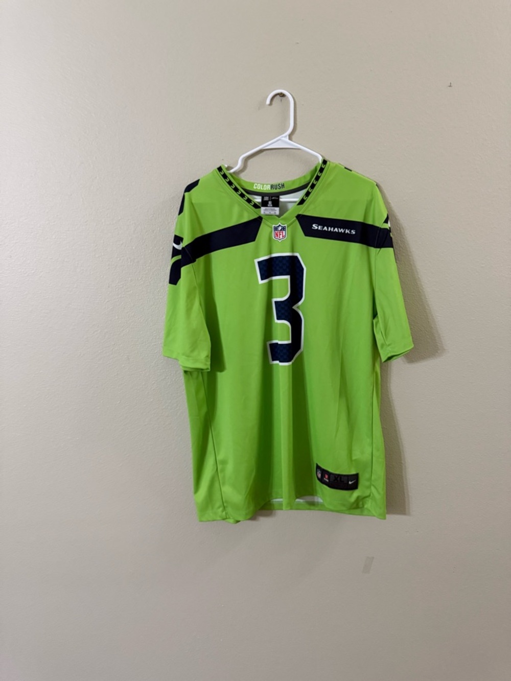 Nike Men’s Seahawks #3 Russell Wilson Color Rush Jersey - Neon Green and Navy